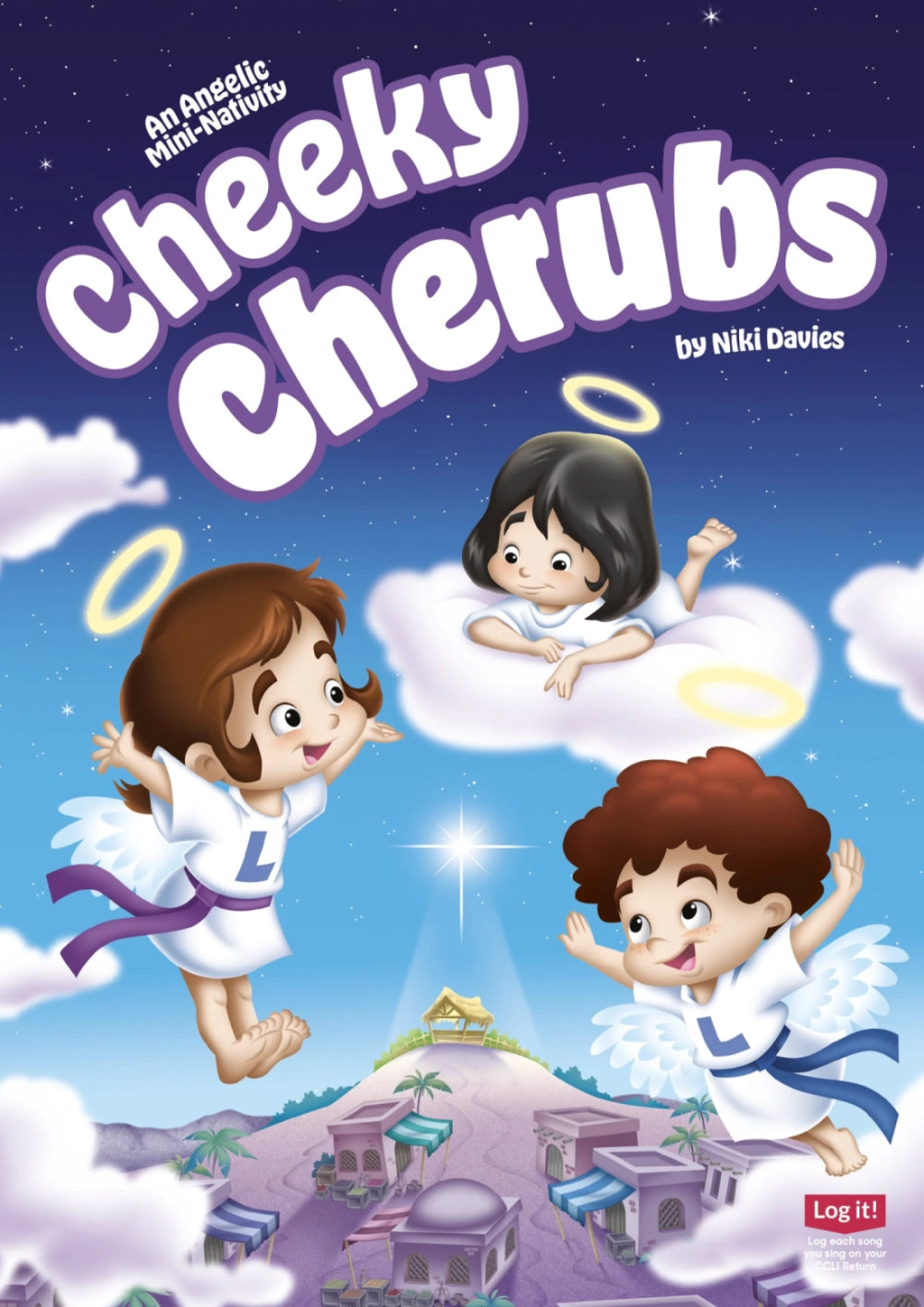 Cheeky Cherubs Nativity - nativity cover art - scene of 3 cherubs in the clouds smiling and laughing over Bethlehem