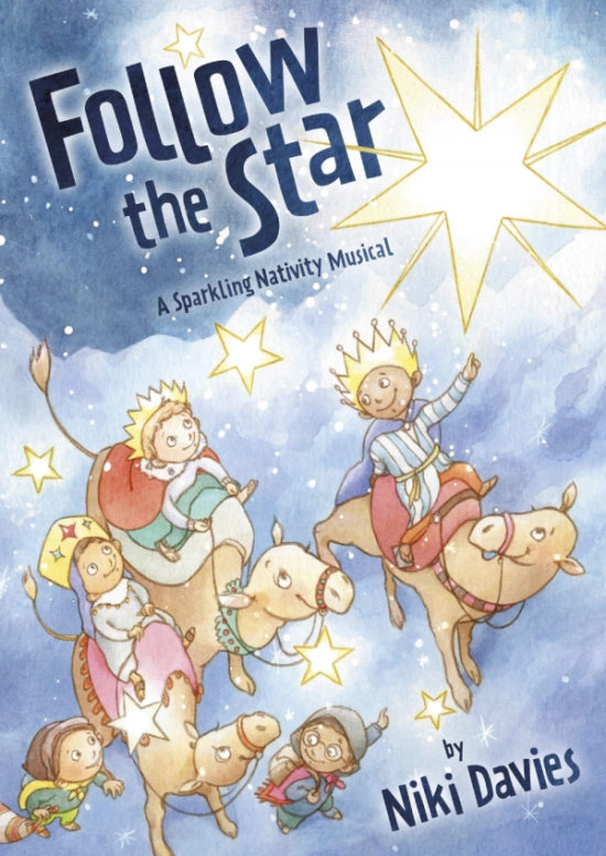 Follow the Star - nativity cover art that displays nativity characters flying in the sky, following a star