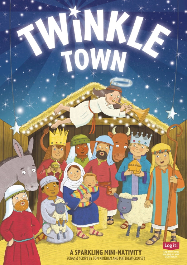 Twinkle Town Nativity - cover art displaying nativity scene of characters and animals surrounding the stables and baby Jesus under a sky of twinkling stars