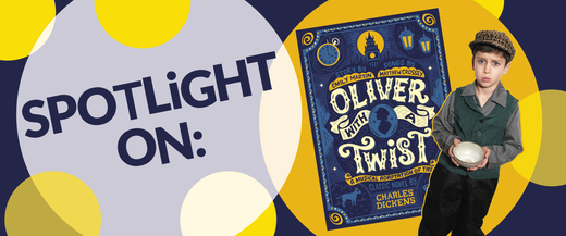 Banner image of the poster for the 'Oliver with a Twist' school musical alongside a child actor in character as the titular Oliver Twist