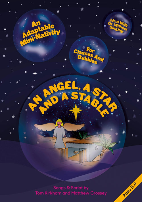 An Angel A Star and A Stable - nativity cover art displaying angel above stable in nativity scene within a bubble