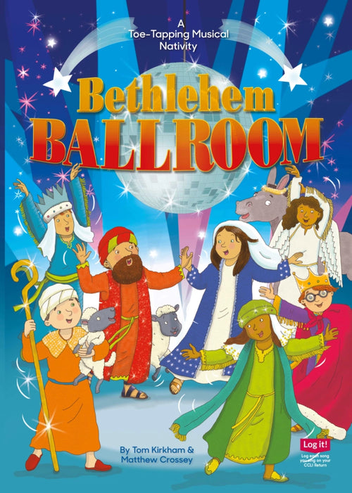 Bethlehem Ballroom nativity cover art - displaying nativity characters dancing in a ballroom around a disco ball