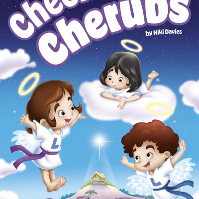 Cheeky Cherubs Nativity - nativity cover art - scene of 3 cherubs in the clouds smiling and laughing over Bethlehem