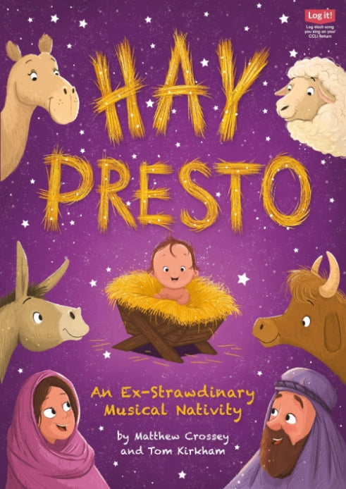 Hay Presto - nativity cover art displaying traditional nativity characters faces around baby Jesus sitting in a hay-filled manger