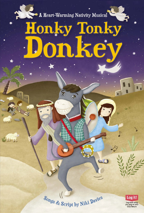 Honky Tonky Donkey - nativity - scene of donkey in Bethlehem playing a musical instrument, dancing in the streets
