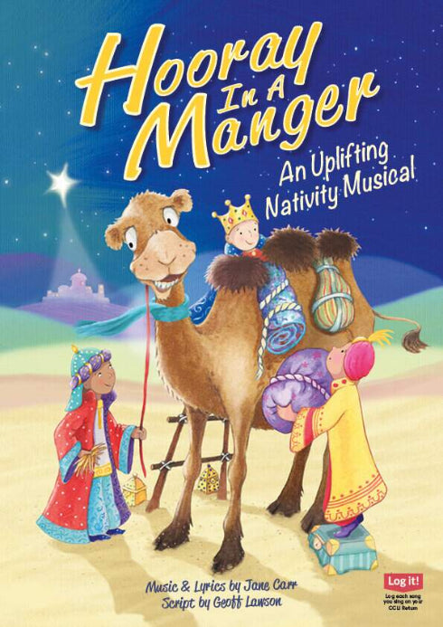 Hooray in a Manger - nativity cover art displaying camel and characters together in desert scene packing bags to visit the baby Jesus