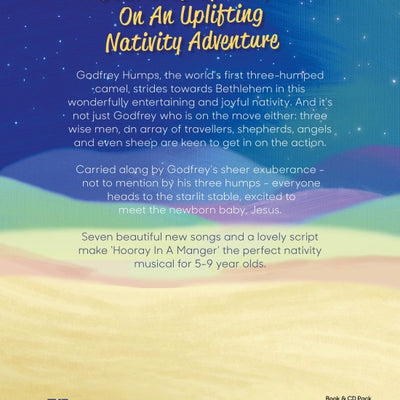 Hooray in a Manger - back cover displaying text describing the plot of nativity
