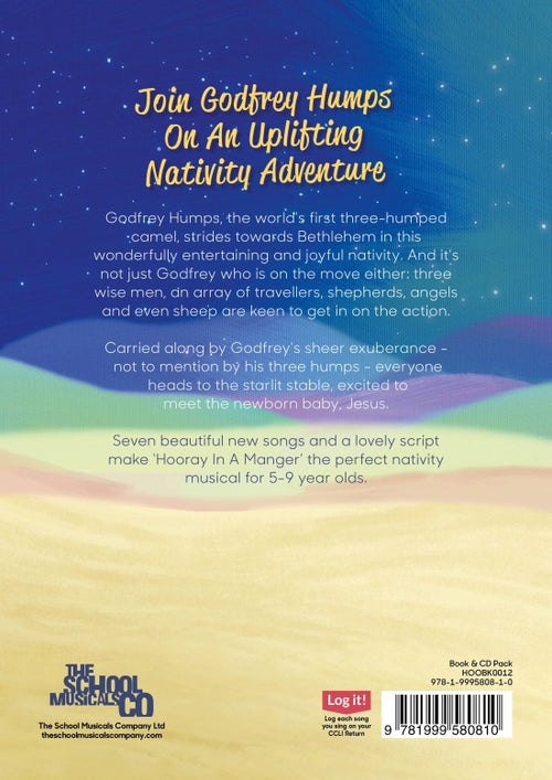 Hooray in a Manger - back cover displaying text describing the plot of nativity