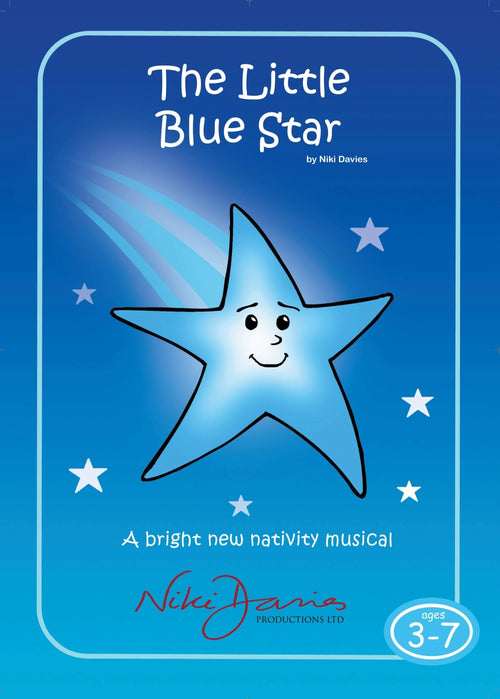 The Little Blue Star - nativity cover art displaying blue background with blue star with smiley face