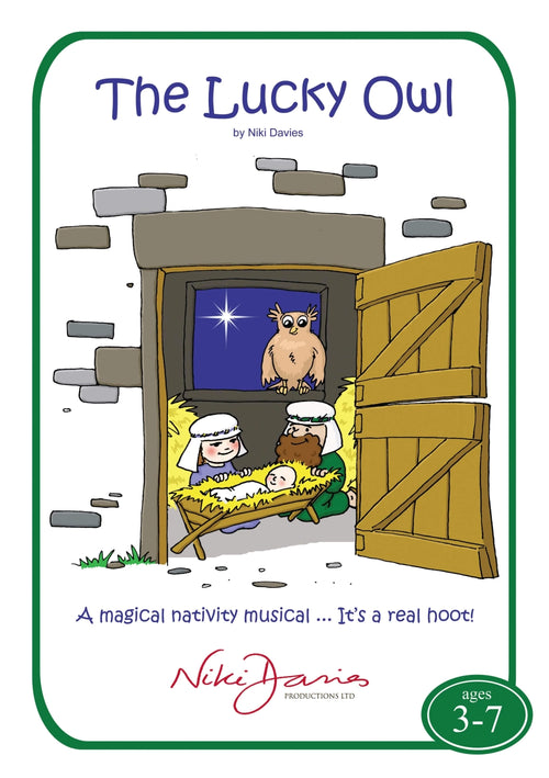The Lucky Owl - nativity cover art displaying nativity scene in stable with owl overlooking the scene