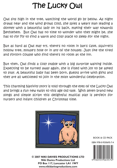 The Lucky Owl Back Cover - nativity back cover with text describing plot